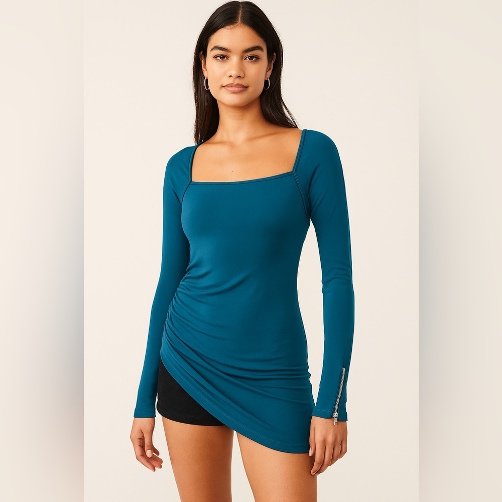 NWT Ann Taylor Teal Square Neck Long Sleeve Ruched-Sides Zipper Wrist Top Size S